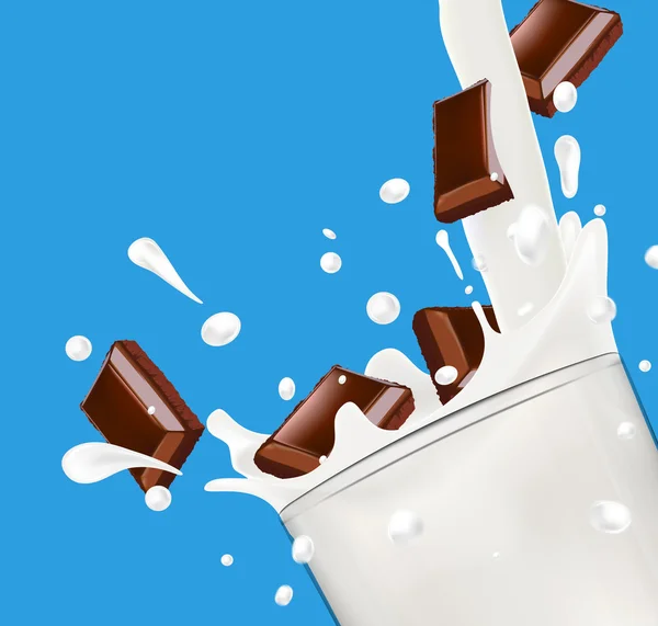 Vector melk plons in glas met gehakte chocolade — Stockvector