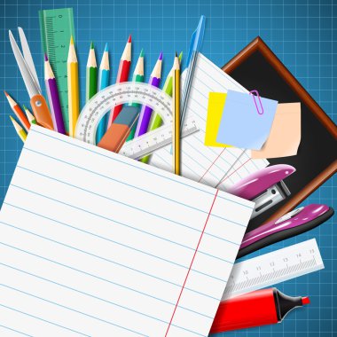 Kırtasiye malzemeleri. Geri okul ile arka plan için okul malzemeleri.