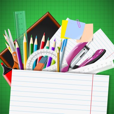 Kırtasiye malzemeleri. Geri okul ile arka plan için okul malzemeleri.