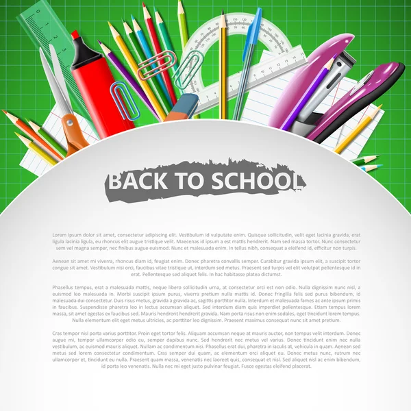 Schreibwarengeräte. zurück zum Schulhintergrund mit Schulmaterial. — Stockvektor