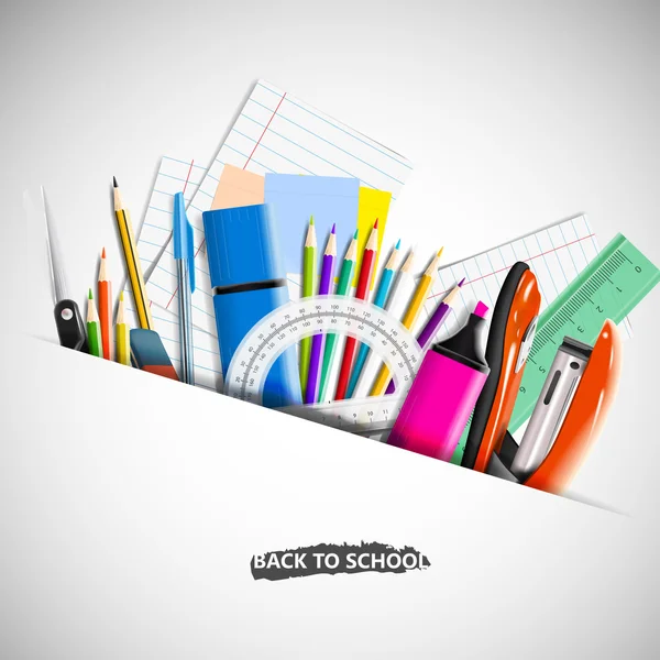 Equipamento de papelaria. Voltar ao fundo da escola com material escolar . — Vetor de Stock