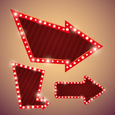 Parlak vintage soyut retro afiş ampulleri vektör çizim ile kümesi. Vintage oklar. Retro tarzı reklam tasarımı ihtiyaçlarınız için imzalar.