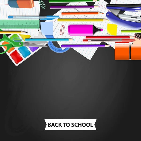 School background with chalkboard and supplies. Stationery equip — Stock Vector