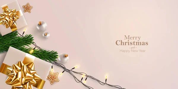 Cartolina Natale Banner Con Luci Brillanti — Vettoriale Stock