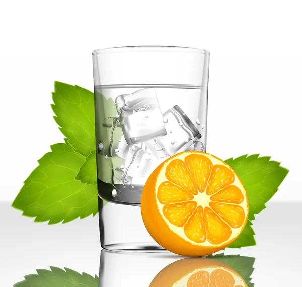 Vektor-Glas Wasser mit Eis, Orange und Minze — Stockvektor