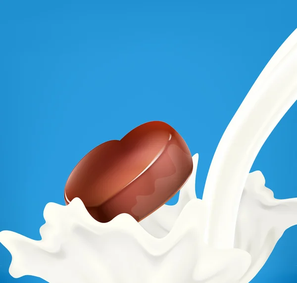 Cchocolate snoep in melk splash — Stockvector