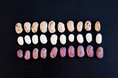 Fasulye. Üç çeşit fasulye siyah arkaplana karşı sırayla dizilir. Mısır gevreği sağlıklı gıda konsepti