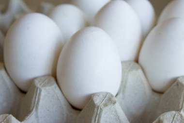 Karton tepside beyaz tavuk yumurtası. Ahşap arkaplanda yumurta tepsisi