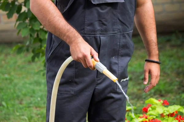 Ung Man Vattna Blommor — Stockfoto