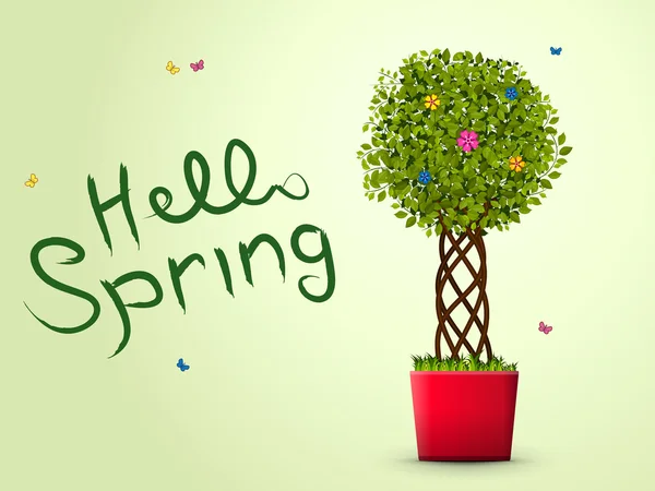 Привіт весна з деревом у червоному горщику — стоковий вектор