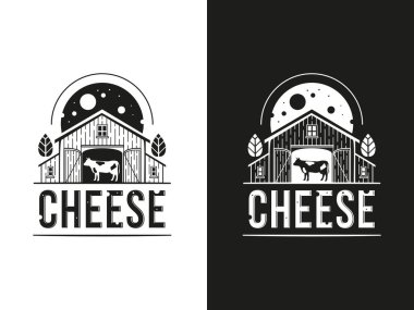 Ahşap bir evin içinde bir inek ya da eğimli çatısı, penceresi ve kapısı olan bir ambar seti. Ağaçların yapraklarının arkasında, gece yıldızlı gökyüzü ve peynirle delik deşik olmuş dev bir ay.