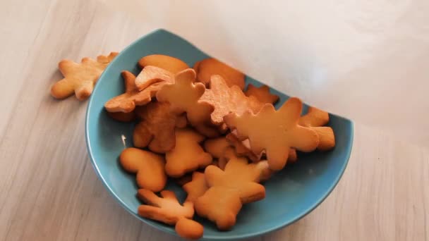 Close up of female hands putting cookies into a plate. — Stock Video