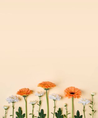 Açık sarı arkaplanda fotokopi alanı ile süslenmiş taze çiçekli bahar sezonu tebrik kartı. En düşük mevsimlik yerleşim.