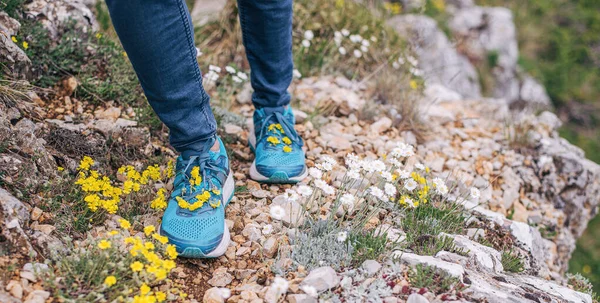 Close-up of legs on rocky hiking trail in blue sneakers decorated with yellow mountain flowers. In harmony with nature.