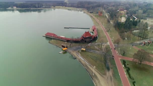 Kust Van Lake Palic Vliegt Mee Strandhuizen Restaurants Mooi Natuurgebied — Stockvideo