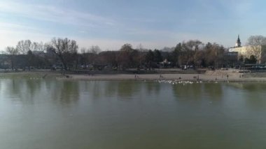 Zemun Sırbistan 'daki nehir kıyısı. Tuna Nehri. Alçak uçuş.
