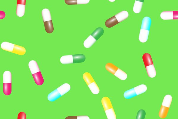 Heap of red capsules on a green background. Medicine and health concept, illustration