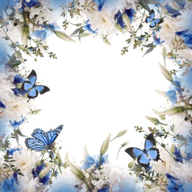 Çerçevede çiçekler ve kelebekler