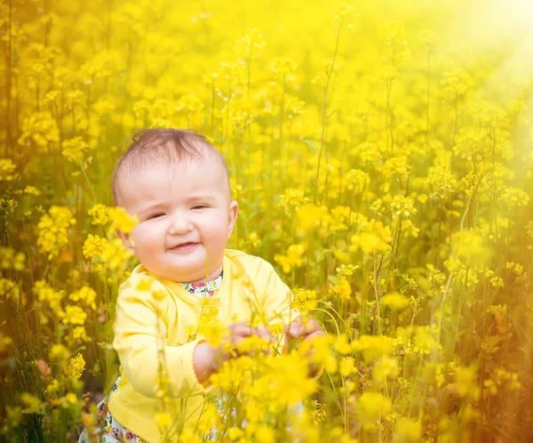 Un niño pequeño jugando en el campo con amapolas rojas. El bebé.  . —  Fotos de Stock