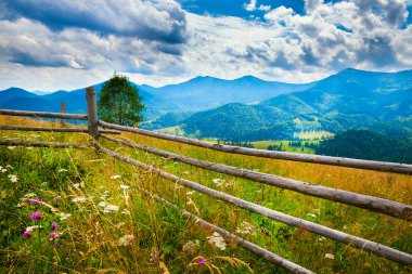 Sis ve samanlıkla kaplı bir manzara