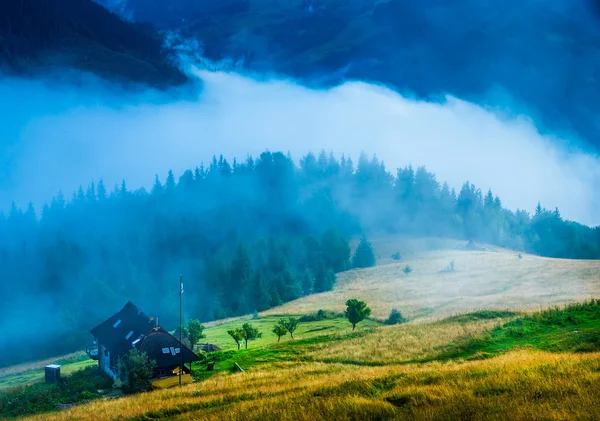 Sis ve samanlıkla kaplı bir manzara — Stok fotoğraf