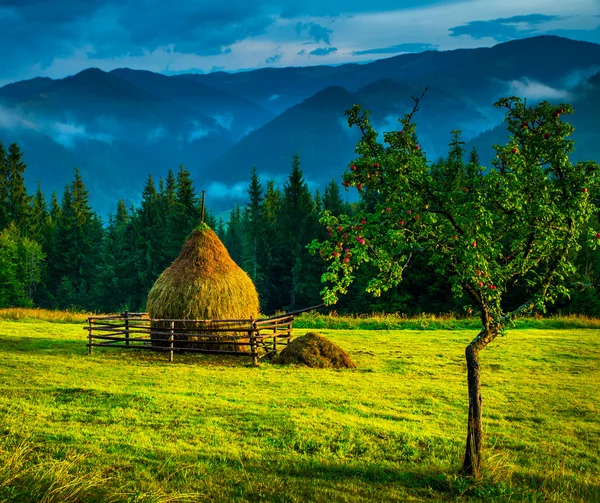 Paisagem com nevoeiro e um palheiro — Fotografia de Stock