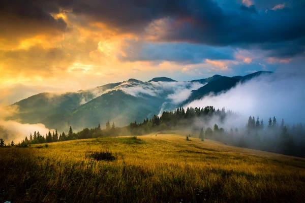 Krajina s mlhou a kupkou sena — Stock fotografie