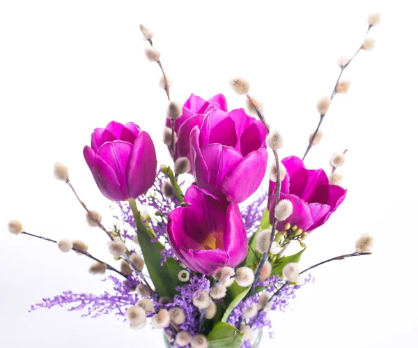 Tulpen mit Mimosen-Blüten — Stockfoto