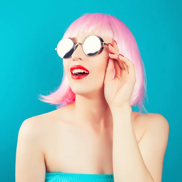 Beautiful woman wearing pink wig — Stock Photo, Image