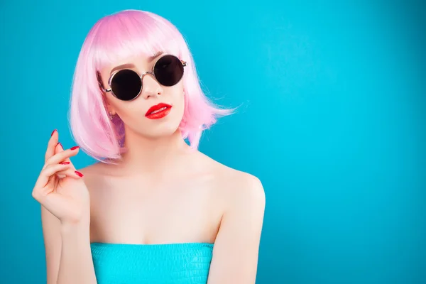 Beautiful woman wearing pink wig — Stock Photo, Image