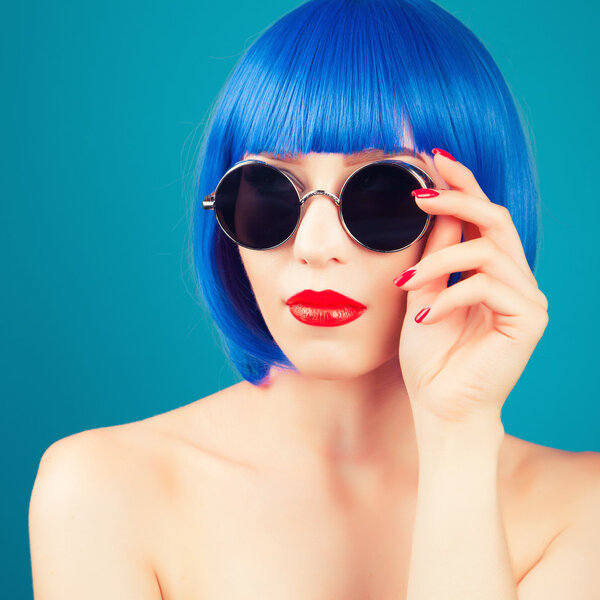 beautiful woman wearing colorful wig