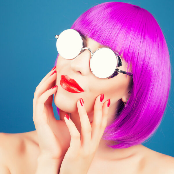 beautiful woman wearing colorful wig