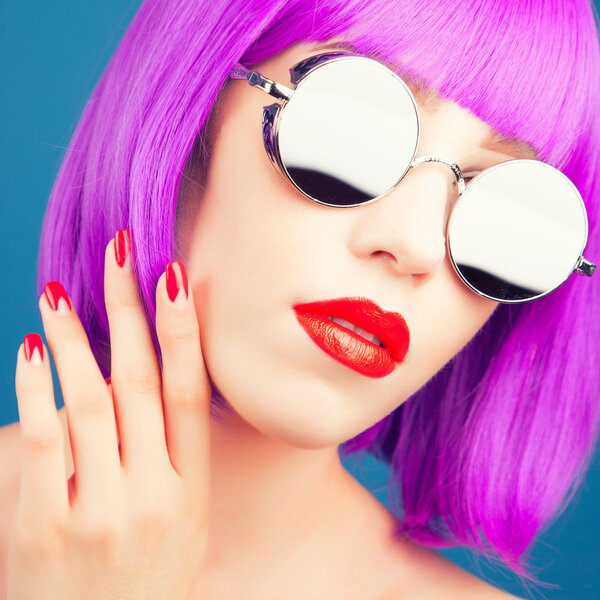 beautiful woman wearing colorful wig