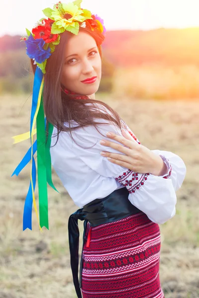 Woman wearing national ukrainian clothes outdoors — Stock Photo, Image