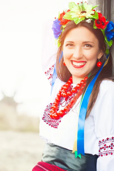 Woman wearing national ukrainian clothes outdoors — Stock Photo, Image