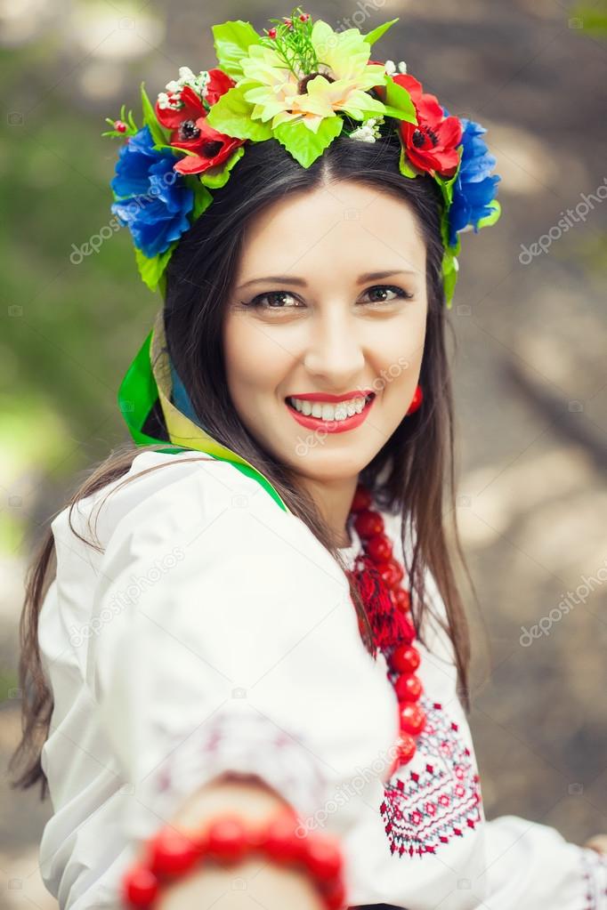 Woman wearing national ukrainian outdoors