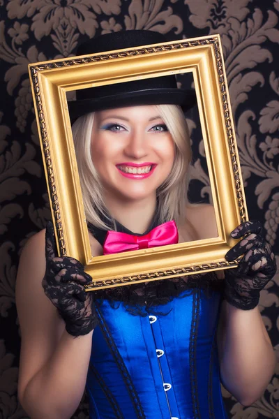 Cabaret woman with golden frame — Stock Photo, Image