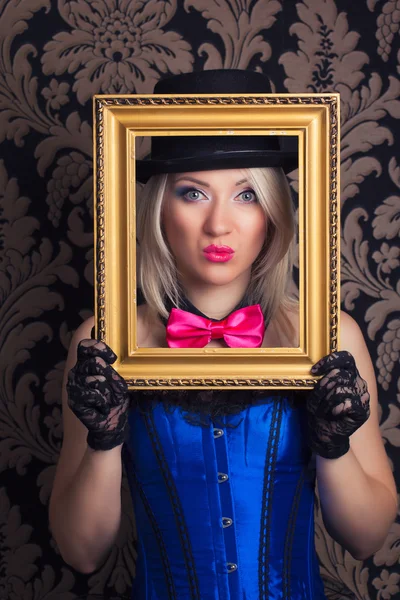 Cabaret woman with golden frame — Stock Photo, Image