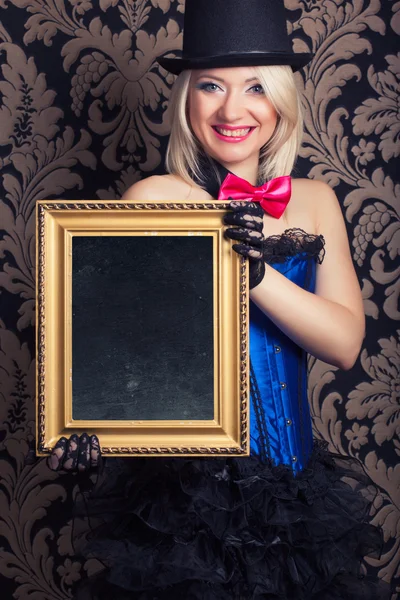 Cabaret woman with golden frame — Stock Photo, Image