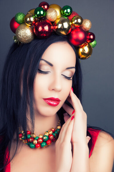 Woman wearing Christmas wreath