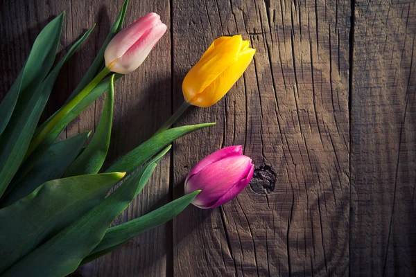 Kytice tulipánů na dřevěné pozadí — Stock fotografie