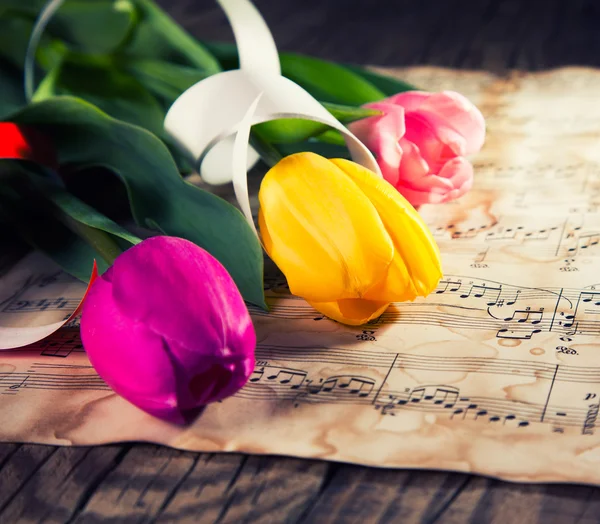 Tulipanes en un papel de notas musicales — Foto de Stock