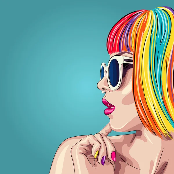 Vector hermosa mujer vistiendo colorido peluca y gafas de sol blancas — Vector de stock