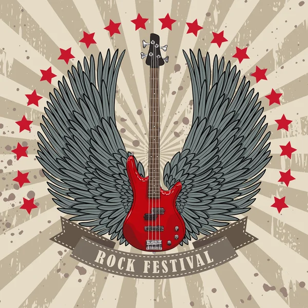 Wektor plakat na festiwal rockowy z skrzydlate gitara — Wektor stockowy