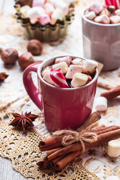 마쉬 멜 로우와 소박한 나무 테이블에 향신료와 핫 초콜릿 — 스톡 사진