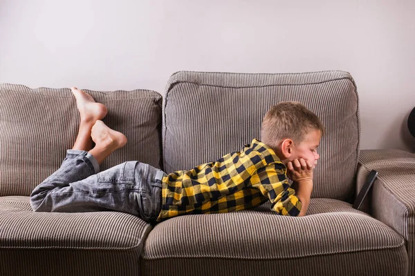 Cute smiling boy talking with family and friends, making video call on the phone, sitting on a couch. Stay at home, lockdown, social distancing, quarantine.