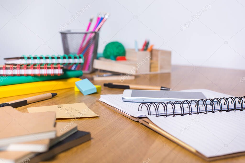 Working, learning, studying from home, making notes in notepad. Student, education, stay at home, college, university concept