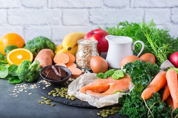 Kiegyensúlyozott Táplálkozási Koncepció Asztma Légzőszervi Enyhülés Élelmiszer Tiszta Táplálkozás Diéta — Stock Fotó