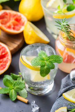 Limonlu, greyfurtlu, naneli, biberiyeli ve buzlu maden suyu kokteyli. Yaz ferahlatıcı içecekler, modaya uygun sıfır atık aksesuarları, bambu kamışları ve ağ torbalarıyla içecekler..