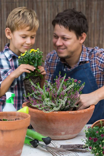 子供は父親が花を植えるのに役立ちます。家庭での家族の時間 — ストック写真